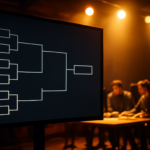 Bagan bracket turnamen esports ditampilkan di layar arena dengan pemain di belakangnya