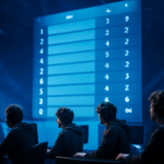 Papan skor arena esports menampilkan tabel klasemen liga dengan baris tim dan kolom menang kalah