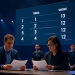Panitia turnamen esports memeriksa papan skor klasemen yang imbang untuk menerapkan aturan tiebreaker
