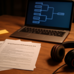 Meja panitia turnamen esports dengan lembar aturan, laptop berisi bracket, dan headset
